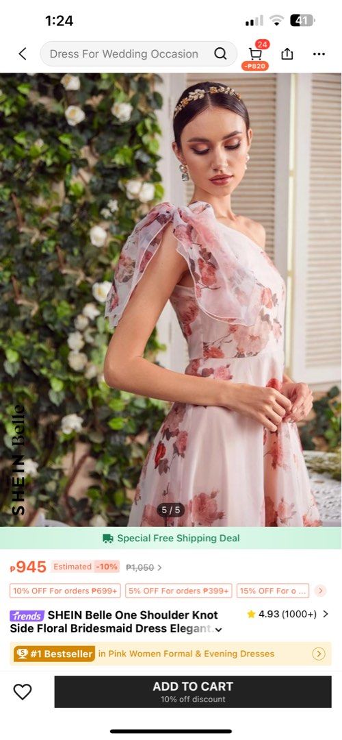 Shein pink floral gown (Category: Evening dresses & gowns) located in Paranaque City. Submitted by diana.se (Listing ID 1351786220, Image 3). Description: Super nice Shein long & flowy dress! Super ganda din ng fabric, not see through 🤍 ♡ only used ONCE for a wedding ♡ hard to let go but won’t use it na ♡ size is XS/US2 .