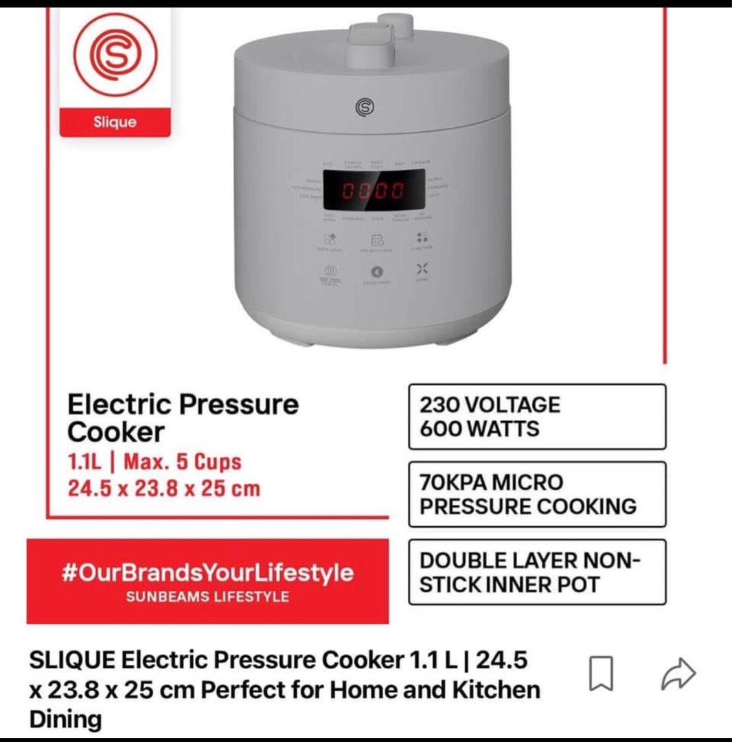 Slique Rice Cooker Slique Electric Pressure Cooker, Furniture & Home Living, Kitchenware ...