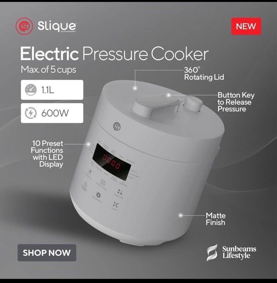 Slique Electric Pressure Cooker (Category: Cookware & Accessories) located in Bacoor. Submitted by travelfindsph (Listing ID 1351786443, Image 2). Description: SLIQUE Electric Pressure Cooker 1.1 L | 24.5 x 23.8 x 25 cm Perfect for Home and Kitchen Dining SALE: for only 2,500php some selling it at 3Kphp + 🛵grab/lalamove with discount code 📍Bacoor SLIQUE ELECTRIC PRESSURE COOKER has 10 one-touch program functions, it can replace a variety of spe