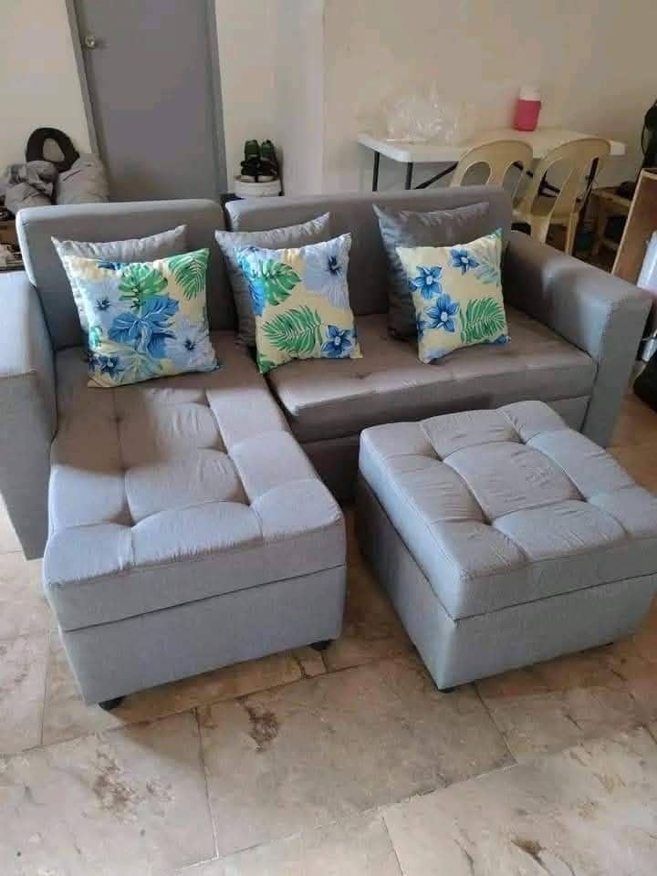 SOFA MINI L-TYPE SOLID URATEX (Category: Sofas) located in Mabalacat. Submitted by joemamangun01 (Listing ID 1351855966, Image 1). Description: Mini L - Type Sofa Set 🛋️ - mahogany bracing - uratex foam - free pillow - german suade Made to order.