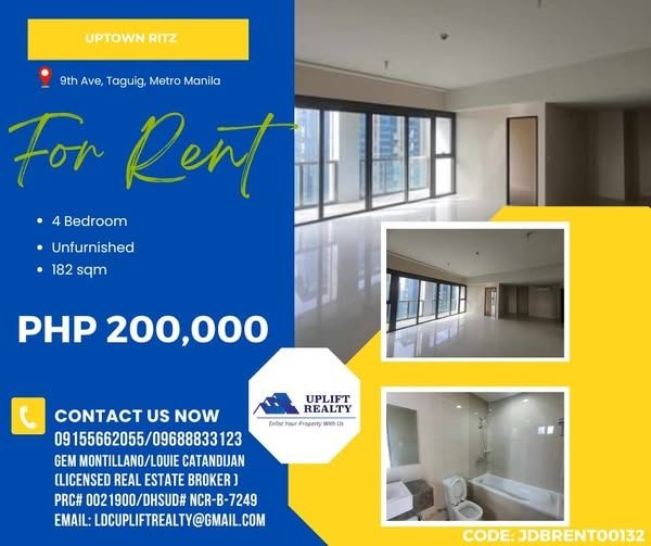 Uptown Ritz (Category: Apartments & Condos) located in Taguig. Submitted by louie.catandijan (Listing ID 1351802095, Image 1). Description: ✨ Uptown Ritz ✨ Address : 9th Ave, Taguig, Metro Manila 🔹 4 Bedrooms 🔹 Unfurnished 🔹 182 sqm 💰PHP 200,000 Landmarks: 📍Near Uptown Mall 📍Near St. Lukes Medical Center 📍Near Banks, Restaurants and supermarket Code: JDBRENT000143.