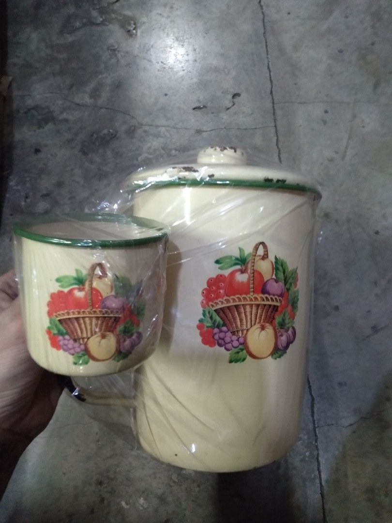 Vintage enamel Tin pitcher and cup (Category: Pitchers & Dispensers) located in Davao. Submitted by jeffsantos (Listing ID 1351956731, Image 1). Description: Both for 550 only brand new but old stock.