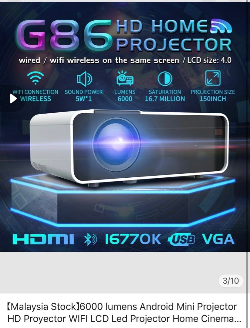 Android Mini Projector (Android Version) (Category: Projectors) located in Ampang. Submitted by nfmj15 (Listing ID 1352147036, Image 2). Description: ⚜️Only use 2 times. Still like new, as good as new 👍 💠Can negotiate the price ⚜️Bought for RM350.