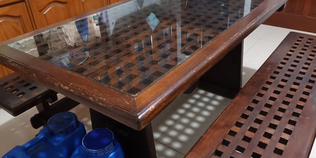 dining table and benches - all wood (Category: Tables & Sets) located in Las Pinas. Submitted by tonygaticales (Listing ID 1351977440, Image 2). Description: 6 seating capacity dining table and 2 benches. solid wood with glass top. very durable and stable( used for a long time). easy to assemble and disassemble(just insert the wood lock). length 59 inches, width 29 inches, height 30 inches. honest issue: some scratches on glass, and scratches on 