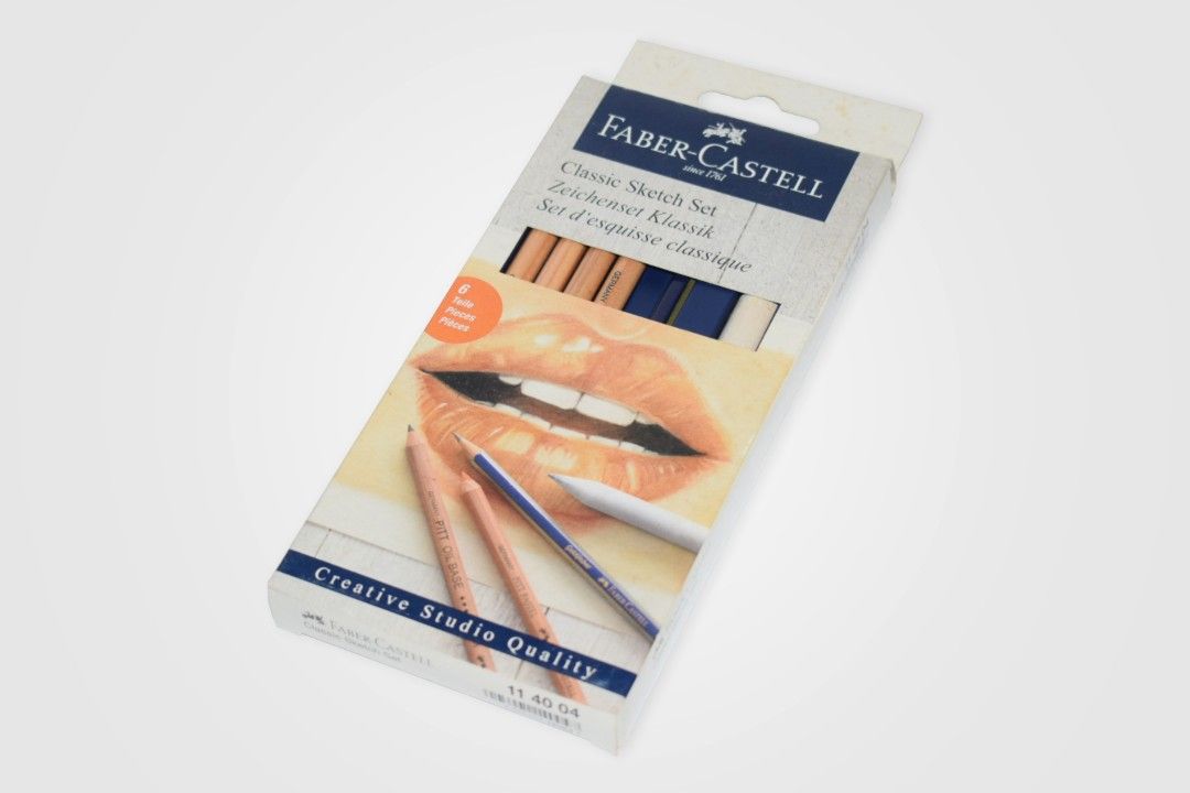 FABER CASTELL Classic Sketch Set (Category: Stationery & School Supplies) located in Makati City. Submitted by clutter_corner (Listing ID 1352081125, Image 3). Description: Has minor packing rip but contents are unused Set Inclusion: 1 Goldfiber Graphite Sketch Pencil (2B) 3 Pitt Pastel Pencils (White Medium, Sanguine, Walnut Brown) 1 Pitt Oil Base Pencil (Black Medium) 1 Blending Stump Kindly message me if you're interested 😊.