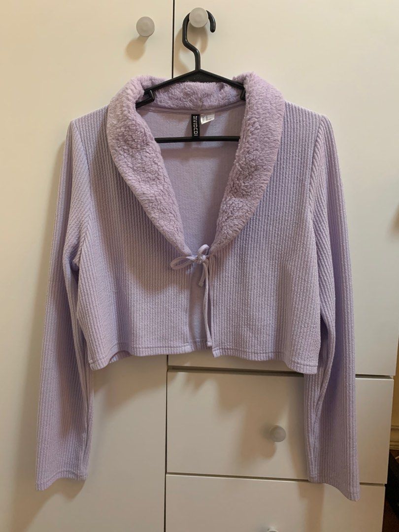 H&M Purple Cardigan (Category: Coats, Jackets and Outerwear) located in Paranaque City. Submitted by leiocg (Listing ID 1352115464, Image 1). Description: H&M Purple Cardigan, Fur-like texture Collar. Used twice only! RFS: Decluttering.