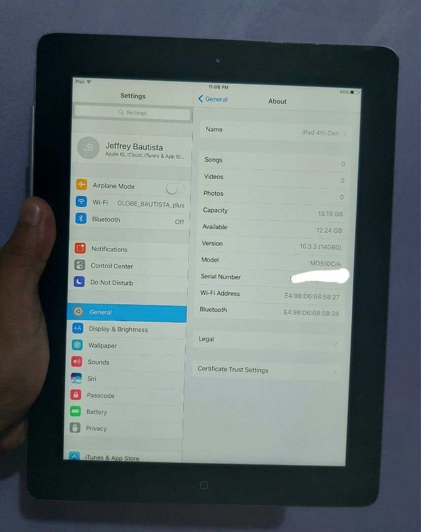 iPad 16GB 4th Generation (Category: iPad) located in Cainta. Submitted by bautistajeff (Listing ID 1352116916, Image 2). Description: ✔️ Selling as is - what you see is what you get ✔️ In good condition no hidden issues or defects ✔️ 90% smooth - with barely scratches front and back ✔️ With some dents as seen on the pictures (bawal sa maarte 😆 ) ✔️ With flip front cover ✔️ No screen protector ✔️ No iCloud issues ✔️ IOS version 10.3.3 - updated a