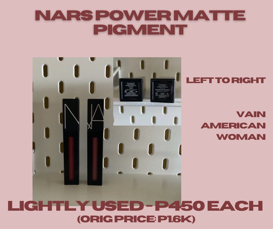NARS Power Matte Pigment (Category: Makeup) located in Manila. Submitted by enndrelithe (Listing ID 1351975375, Image 1). Description: Hello! I'm selling my NARS Power Matte Pigment in shades Vain and American Woman 🍀 Orig price is 1.6k, selling it for 450 🤍 lightly used and in good condition. MOP: Gcash, COD (LBC) MOD: JNT, LBC For buyers within Metro Manila, I give a 40 fixed rate for both jnt and lbc 🫶 Pwede rin po lalamove 🍀.
