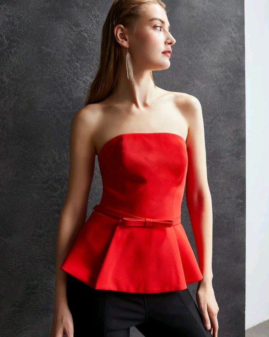 Red Peplum Tube Top (Category: Sleeveless) located in Bauang. Submitted by janeabuan (Listing ID 1351968329, Image 1). Description: Very pretty too bad doesn't fit me anymore Perfect for valentine's day or any date What you see is what you get. I have no when worn photos of this top MOTF - Premium brand in Shein Bust size is 34.