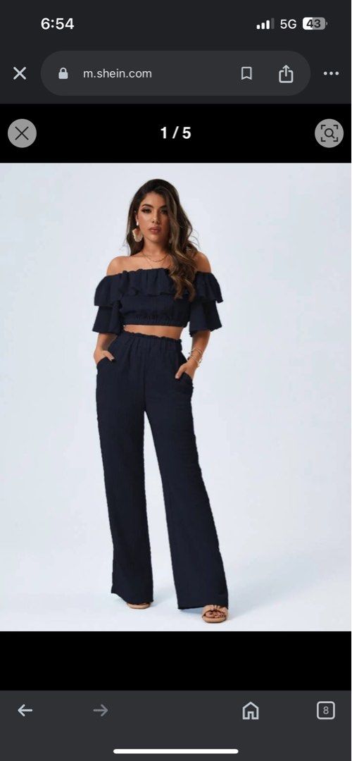 Shein Coordinates Off Shoulder Ruffle Trim Top & Pants (Category: Sets or Coordinates) located in Pasay City. Submitted by sethsummer (Listing ID 1352075384, Image 2). Description: Shein Coordinates Firerie Off Shoulder Ruffle Trim Top & Pants Has two sides pockets Perfect for holiday or travel . Maganda yun fabric . Pants has inner lining shorts Wash but never used. I bought it brand new SRP : 380php RFS: wrong size #summer #terno #coordinates #