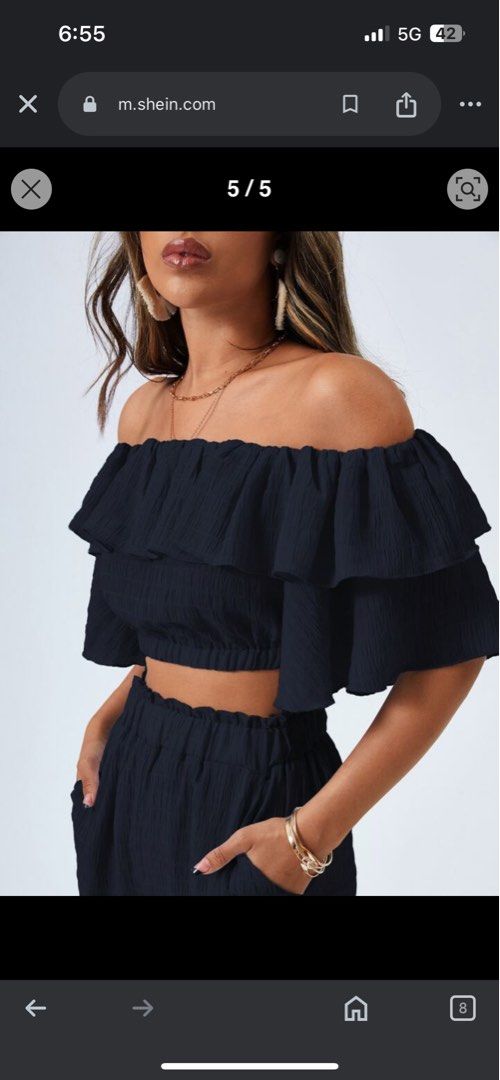 Shein Coordinates Off Shoulder Ruffle Trim Top & Pants (Category: Sets or Coordinates) located in Pasay City. Submitted by sethsummer (Listing ID 1352075384, Image 3). Description: Shein Coordinates Firerie Off Shoulder Ruffle Trim Top & Pants Has two sides pockets Perfect for holiday or travel . Maganda yun fabric . Pants has inner lining shorts Wash but never used. I bought it brand new SRP : 380php RFS: wrong size #summer #terno #coordinates #