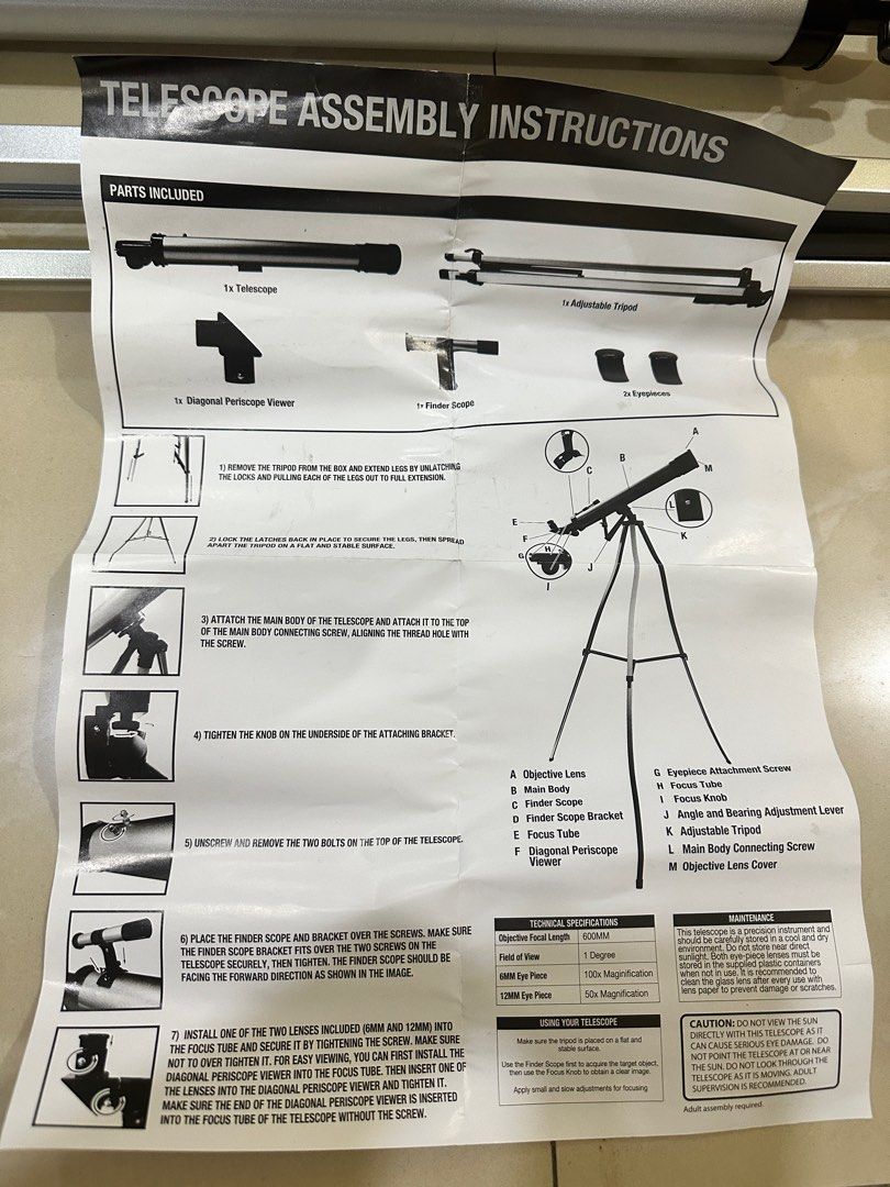 Anko Telescope (Category: Lens & Kits) located in Binan City. Submitted by fashiongossiponlineboutique (Listing ID 1355726540, Image 2). Description: Anko Telescope •up to 50x and 100x interchangeable eye pieces lenses •finder scope to locate objects faster •mirrored diagonal eyepiece for easy viewing •protective lenses cap •full size adjustable tripod up to 120cm For age 8+ years Purchased last 2024 but only used 1x this February 2025 Bought as 