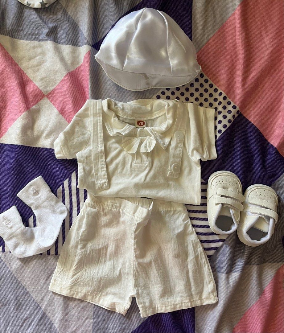 Baby Boy Baptismal Set (Category: Babies & Kids Fashion) located in Mandaluyong City. Submitted by 4everhappee (Listing ID 1355655063, Image 1). Description: includes shoes, socks, cap, shirt, and shorts size is good for 3 mos baby (6kg po ung nagsuot).