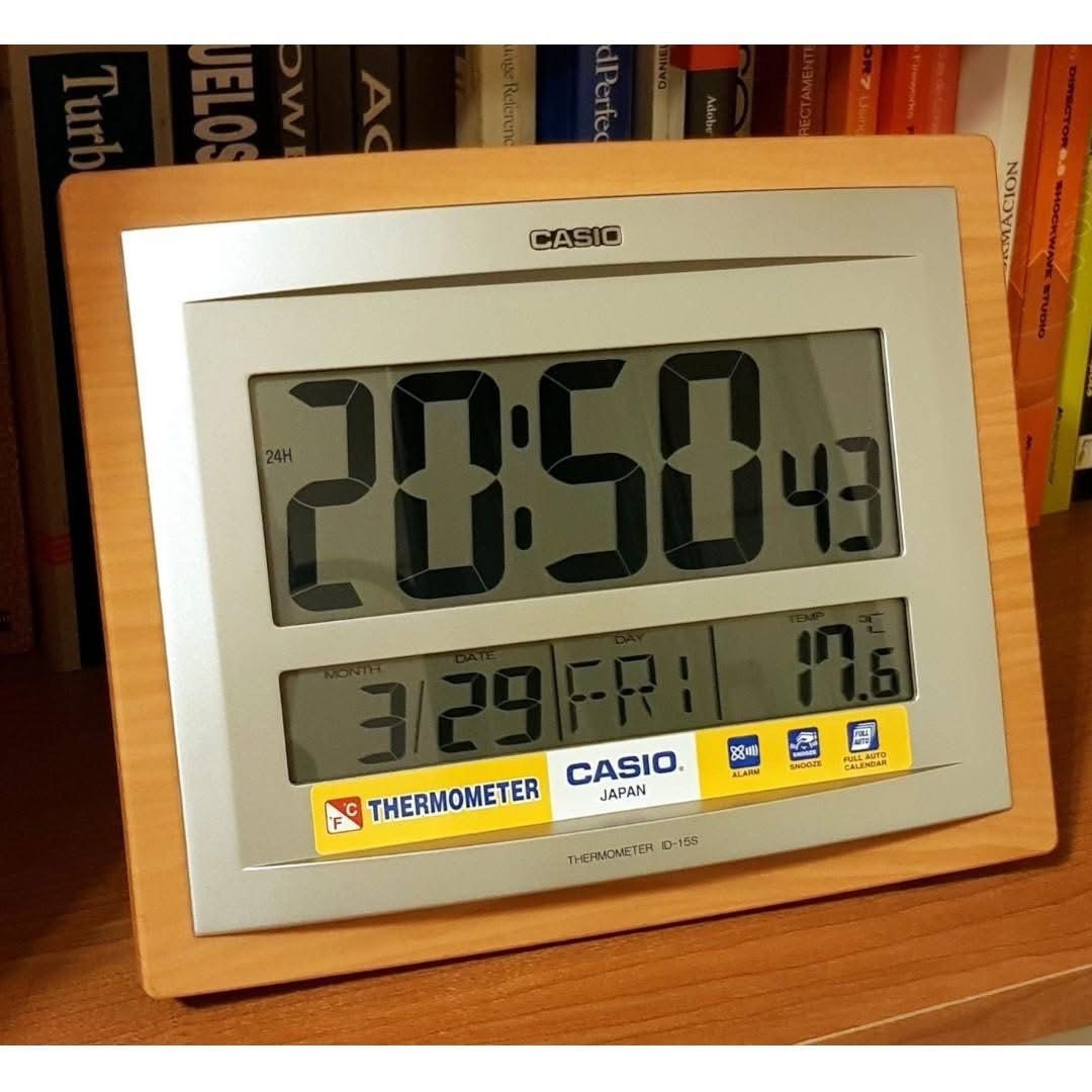 Casio Digital Clock ID15SA-5 (Category: Clocks) located in Manila. Submitted by seikowatchfactory (Listing ID 1355798222, Image 3). Description: Brand New in Box Authentic Casio Wall Clock 10/10 Model: ID-15SA-5DF Price: 3495 pesos Specifications: Case Size: 206 x 246 x 37mm Weight: 470g Case/Bezel Material: Resin Thermometer Approx. Battery Life: 12 months Alarm/hourly time signal: Beeper sound alarm Snooze Function Auto-Calendar (to year 2039) 
