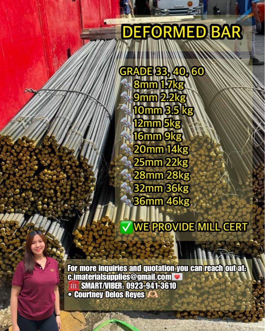 DEFORMED BAR / KABILYA (Category: Construction & Building Materials) located in Valenzuela. Submitted by yuuuridr (Listing ID 1355689922, Image 1). Description: ✨ DEFORMED BAR / KABILYA‼️ FOR SALE LOWEST PRICE GUARANTEED🤗💯 Good for housing and building projects 🏗️ ✅ WE PROVIDE MILL CERT ✅ DIRECT PLANTA ✅ AVAILABLE ALL SIZES GRADE 33, 40, 60 🔩8mm 1.7kg 🔩9mm 2.2kg 🔩10mm 3.5 kg 🔩12mm 5kg 🔩16mm 9kg 🔩20mm 14kg 🔩25mm 22kg 🔩28mm 28kg 🔩32mm 3