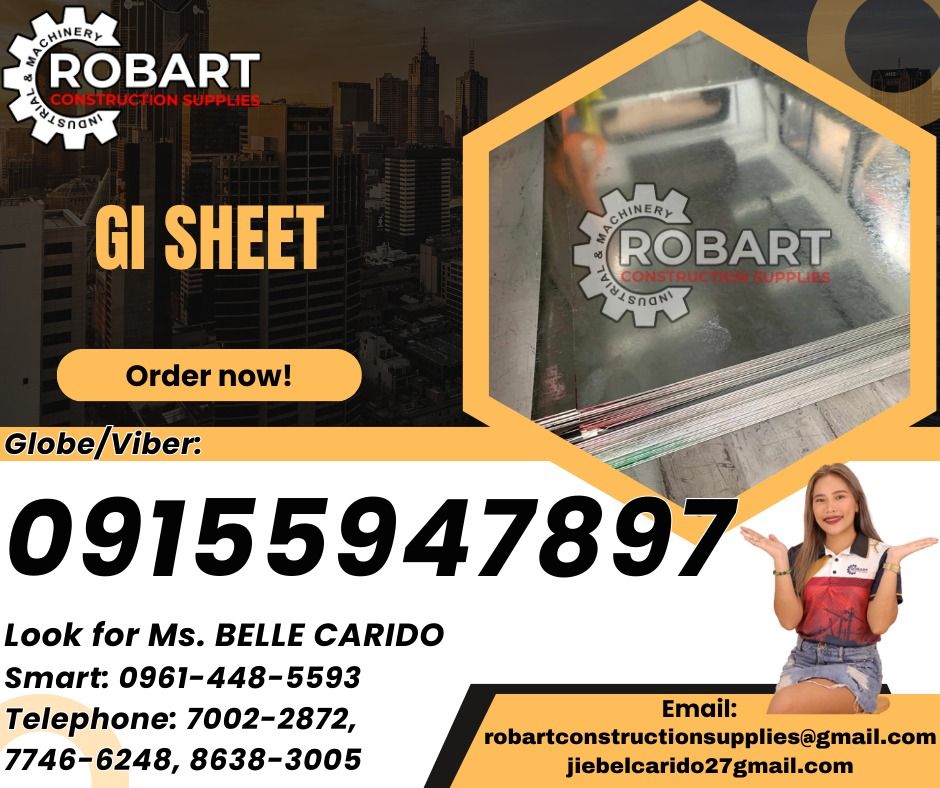 GI sheet (Category: Construction & Building Materials) located in Caloocan City. Submitted by beyyroque37874 (Listing ID 1355693162, Image 1). Description: GI sheet gauge 24 .4mm (0.35mm actual thickness) Price: 625 GI sheet gauge 18 .9mm (0.88mm actual thickness) Price: 1,460 𝑹𝑶𝑩𝑨𝑹𝑻 𝑪𝑶𝑵𝑺𝑻𝑹𝑼𝑪𝑻𝑰𝑶𝑵 𝑺𝑼𝑷𝑷𝑳𝑰𝑬𝑺 Office Address: 1405 Yuseco St. Sta Cruz Manila SEND US MESSAGE FOR INQUIRIES ‼️ ‼️ Glb/Vibr: 0915-594-7897 Smrt: 096