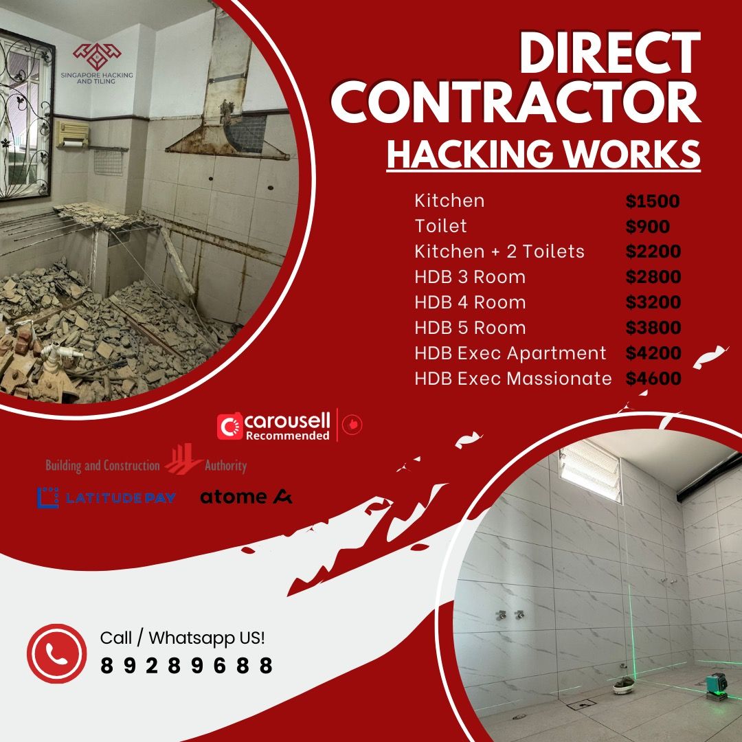 Hacking/Demolish/Dismantling Services/Toilet Renovation/Kitchen Hacking/BTO/Condo/HDB/Private Housing/Residential/Commercial/Tiling/Full Home Renovation Package62863076244867111