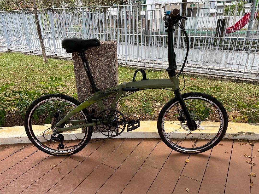 Java Zelo Foldable Bicycle (Category: Bicycles) located in Singapore. Submitted by seeheong (Listing ID 1355710065, Image 1). Description: Java Zelo 2 Foldable bike. Fully modded. 1. Shimano Sora 9 Speed Shifter 2. Shimano Sora derailleur 3. Litepro 56T chain ring 4. Litepro crank set 5. Tektro Xuriga Hydraulic brake set 6. Litepro Carbon Handlebar 7. Litepro seat post 8. Ruituo RT 451 20” wheel set 9. Kenda Kwick Roller Tyres 10. Others #foldabl