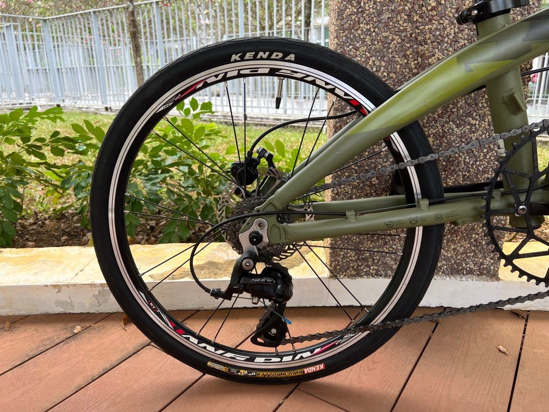 Java Zelo Foldable Bicycle (Category: Bicycles) located in Singapore. Submitted by seeheong (Listing ID 1355710065, Image 2). Description: Java Zelo 2 Foldable bike. Fully modded. 1. Shimano Sora 9 Speed Shifter 2. Shimano Sora derailleur 3. Litepro 56T chain ring 4. Litepro crank set 5. Tektro Xuriga Hydraulic brake set 6. Litepro Carbon Handlebar 7. Litepro seat post 8. Ruituo RT 451 20” wheel set 9. Kenda Kwick Roller Tyres 10. Others #foldabl