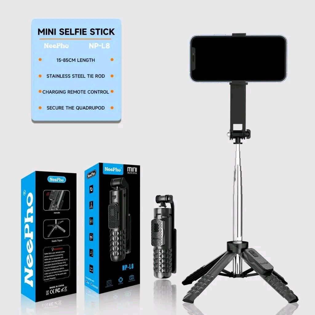 NeePho Selfie Stick Tripod (Category: Tripods & Monopods) located in Manila. Submitted by ramosmarvi53163 (Listing ID 1355657522, Image 2). Description: NeePho Selfie Stick Tripod with remote L8 no light ph.300 L8S w/light ph.350 Foldingheight:15cm Maximumheight:85cm.