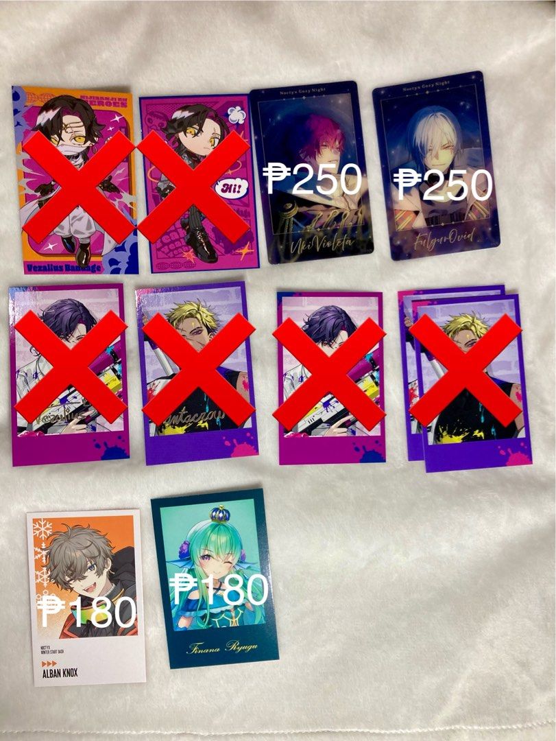 Nijisanji EN Assorted Random Cards Lazulight Noctyx Krisis (Category: Raw Singles) located in Paranaque City. Submitted by tstorage (Listing ID 1337480310, Image 1). Description: MOP: gcash/BPI location: Parañaque NOTES: • prices on pictures. open to negotiation if buying multiple. delivery fee shouldered by buyer • might have dust or minor scratches due to long storage. kept in original packaging after taking pictures available items: - Lazuligh