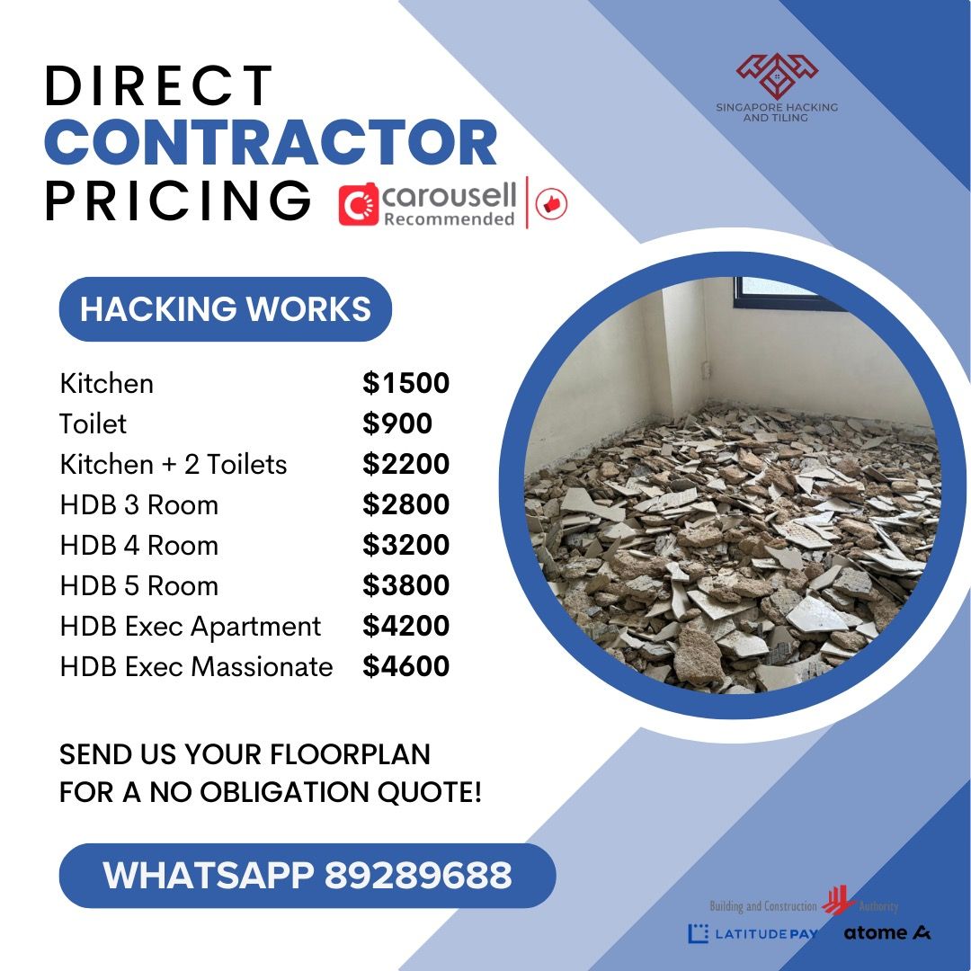 Tiling/Hacking/Flooring/Renovation/Toilet Renovation Package/Kitchen/HDB/BTO/Condo/Landed/Residential/Commercial/Contractor63109200313090111