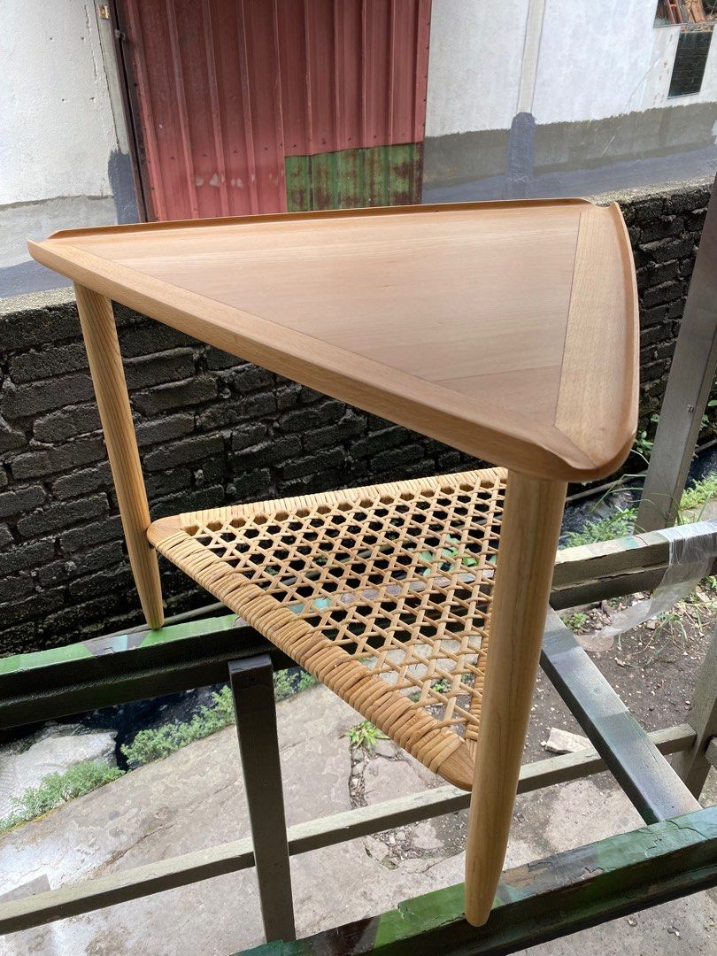 Triangle Side Table (Category: Tables & Sets) located in Kuala Lumpur. Submitted by soohaohao (Listing ID 1355816568, Image 1). Description: Type of wood : Top is Beech Wood , leg is Ash Wood . The second layer is woven from rattan. Size : 61x61x61cm x 49cm(Height) Price can slightly negotiate KL area free delivery (8.30pm to 10pm) Lalamove or self collect available .