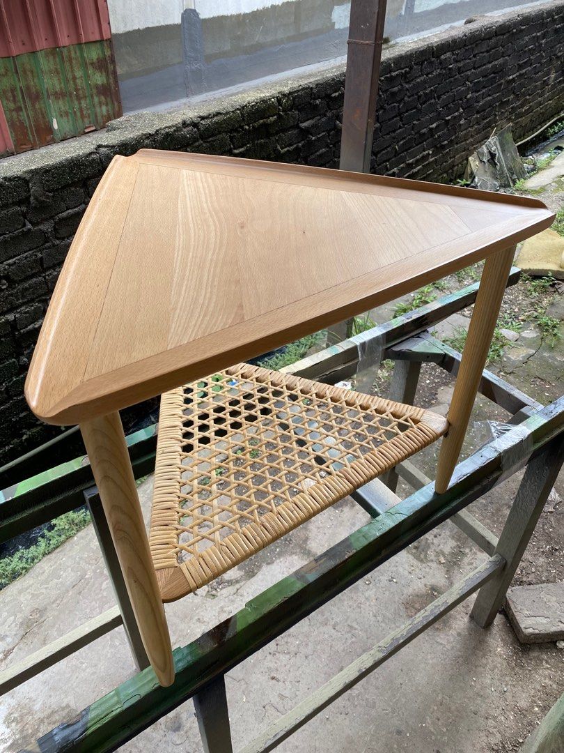 Triangle Side Table (Category: Tables & Sets) located in Kuala Lumpur. Submitted by soohaohao (Listing ID 1355816568, Image 3). Description: Type of wood : Top is Beech Wood , leg is Ash Wood . The second layer is woven from rattan. Size : 61x61x61cm x 49cm(Height) Price can slightly negotiate KL area free delivery (8.30pm to 10pm) Lalamove or self collect available .