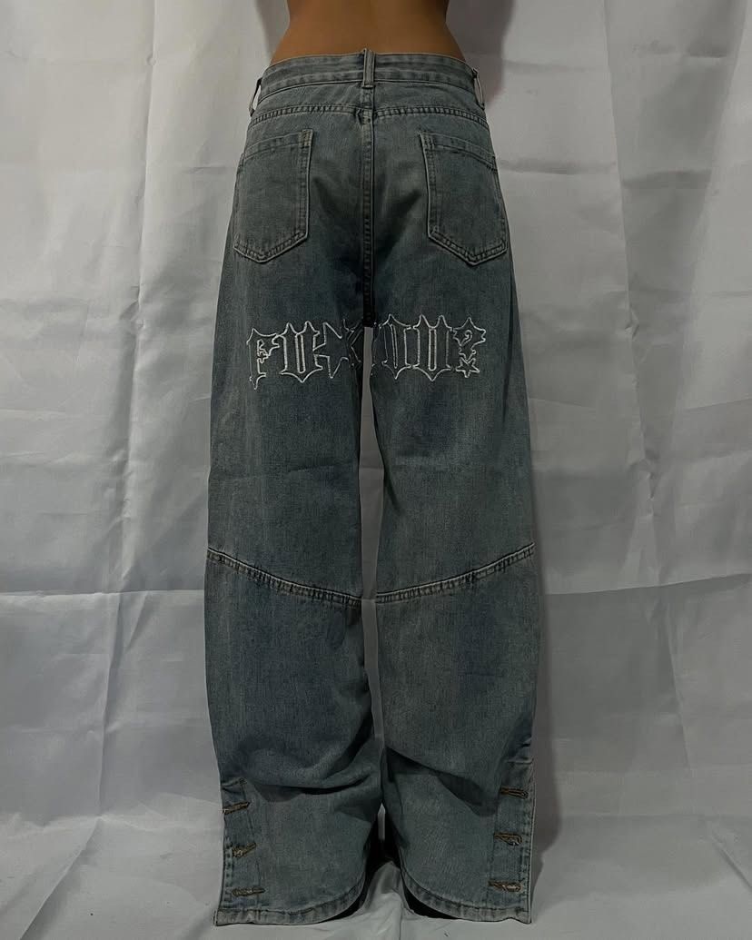 Baggy pants with embroided text at the back (Category: Jeans) located in Baguio. Submitted by from.deana (Listing ID 1357528554, Image 1). Description: very very HQ! bought this sa aphro thrift on ig kaso it’s too big on me :(( waist: 30-32 inches length: 39.5 .
