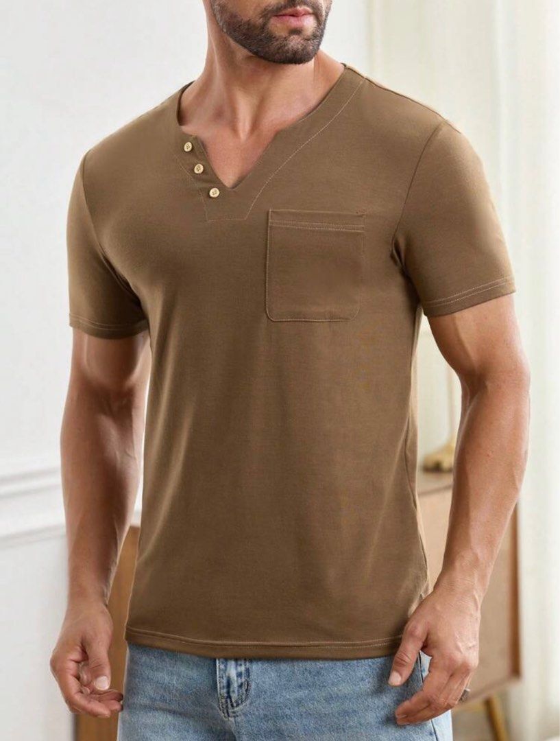 Brown Button Front Pocket Shirt (Category: Tshirts & Polo Shirts ) located in Mandaluyong City. Submitted by eldrin (Listing ID 1357491049, Image 1). Description: Bought from Shein Size Large PM for actual measurement.