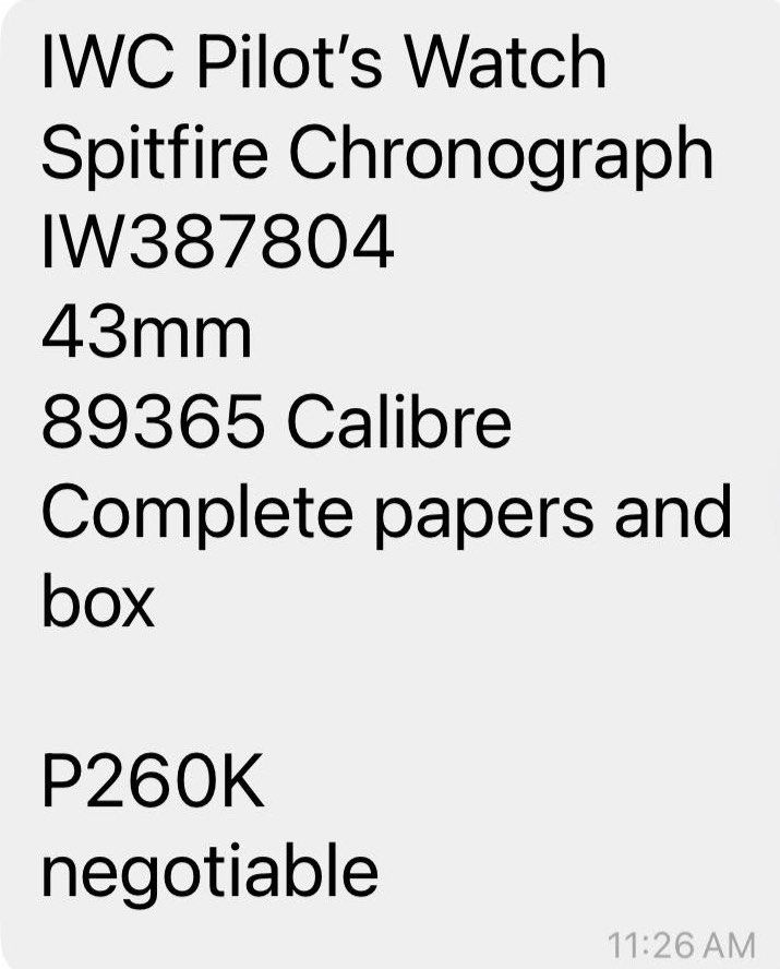 IWC Spitfire Chronograph 43mm (Category: Luxury Watches) located in Muntinlupa City. Submitted by onemanila (Listing ID 1357411746, Image 2). Description: Will provide more photos if interested. Personal watch bought from store and not from resellers. .