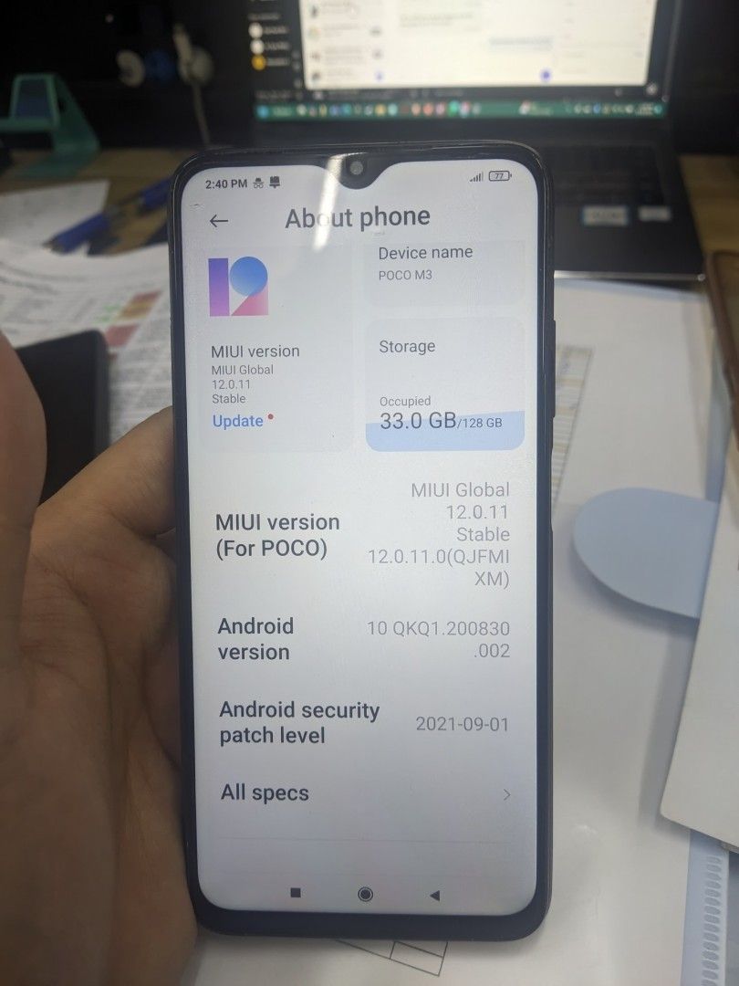 POCO M3 Black 4gb Ram 128gb storage (Category: Xiaomi) located in San Juan City. Submitted by monstercombi (Listing ID 1357460363, Image 1). Description: Lightly used Poco M3 Black with 4gb ram and 128gb storage With box, no charger and cable Includes sim ejector pin Placed a case since day one. No damage on phone. Only used inside office. It is not brought outside..