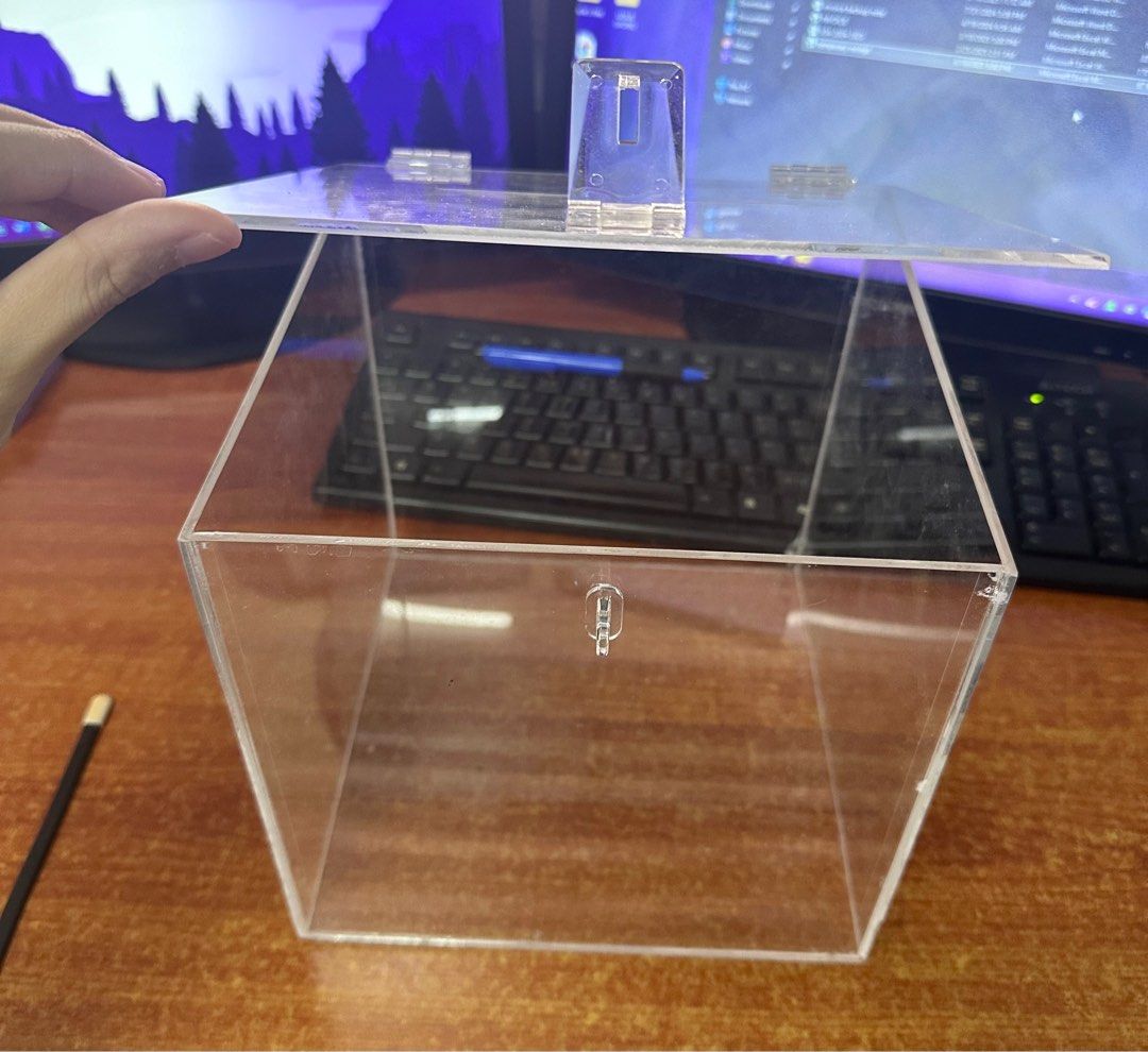 Acrylic 8x8 Drop Box (Category: Storage Boxes & Baskets) located in Bulacan. Submitted by _mv_ml_ (Listing ID 1357594158, Image 3). Description: Acrylic Drop Box 8x8x8 Bought for Php 1,350 Fixed price : Php 1,100 Never been used.
