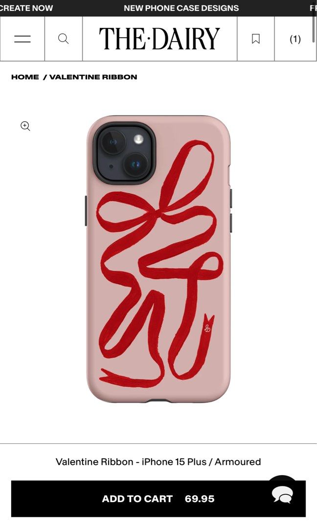Brand New iPhone 15 Plus CASE from 🇬🇧 (Category: iPhone 15 Series) located in Manila. Submitted by boughtinternational (Listing ID 1357605765, Image 3). Description: can fit to iphone 14 plus because same size lang sila with The Dairy phone case —pouch/wallet Description: Experience the ultimate accessory with the Jasmine Dowling x The Dairy Valentine Ribbon phone case. The vibrant pink background and striking red bow pattern combine to create 