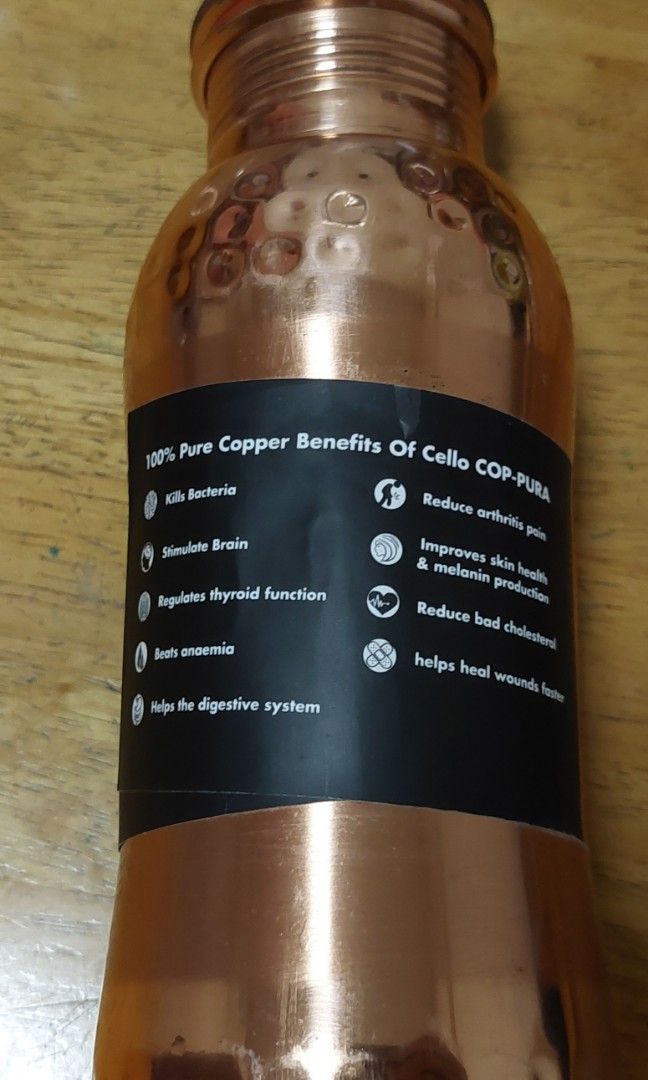 Cello Copper Water Bottle (Category: Water Bottles & Tumblers) located in Singapore. Submitted by shams. (Listing ID 1357652172, Image 2). Description: Cello COP-PURA 100% Pure Copper Bottle 1000ml Brand New Unused Item. 10/10 Negotiable. :) Please kindly chat for more info...