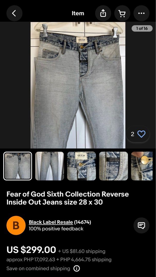 Fear Of God Reverse Inside Out Denim Pants (Category: Jeans) located in Manila. Submitted by stakkhaus_ (Listing ID 1357625955, Image 3). Description: Fear Of God Reverse Inside Out Denim Pants Waist 34 Length 42 Inseam 31 Hem 6 Excellent Condi No issue .