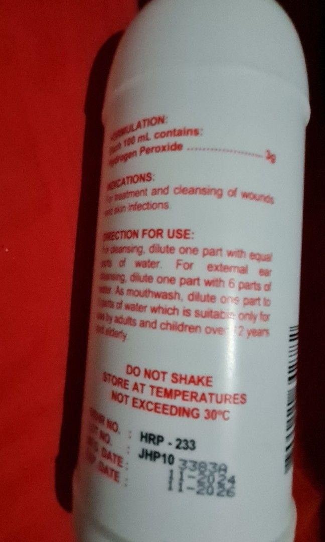 Hydrogen Peroxide 3% solution (Category: Sanitizers & Disinfectants) located in Antipolo. Submitted by red18m (Listing ID 1357720363, Image 2). Description: For Sale: Hydrogen Peroxide 3% Solution (Brand New) Condition: Brand new, unopened Expiry Date: November 2026 Reason for Selling: Overstock Usage: Ideal for first aid, wound care, disinfecting, and household cleaning Price: 100 Location: antipolo for Delivery Only gcash payment Message for in