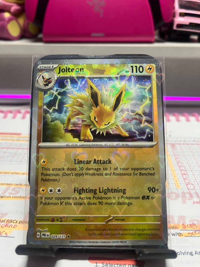 Jolteon Masterball Prismatic Evolution (Category: Raw Singles) located in Plaridel. Submitted by mrosexlopez (Listing ID 1357667423, Image 1). Description: freshly pulled from my prismatic evolution booster bundle 🫶🏻 acc to tcg: $53.48 *disclaimer sa card may holo hearts dahil yon sa card sleeves ko hehe we can do bidding, highest bid wins mod: lbc or lalamove (df shouldered by the buyer) mop: gcash.