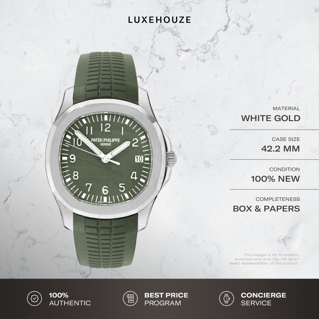 New 2024 Patek Philippe Aquanaut 5168G Green (Category: Watches) located in Singapore. Submitted by luxehouze (Listing ID 1306968833, Image 1). Description: Join our Community for special deals and latest arrivals! //bit.ly/Watches_SG New 2024 Patek Philippe Aquanaut 5168G Green This piece is available for viewing by request. Reserve your spot on our viewing list. Watch Details: SKU: 0010537 Condition: New (100%) Dial: Green Case Size: 42.2 mm Ye