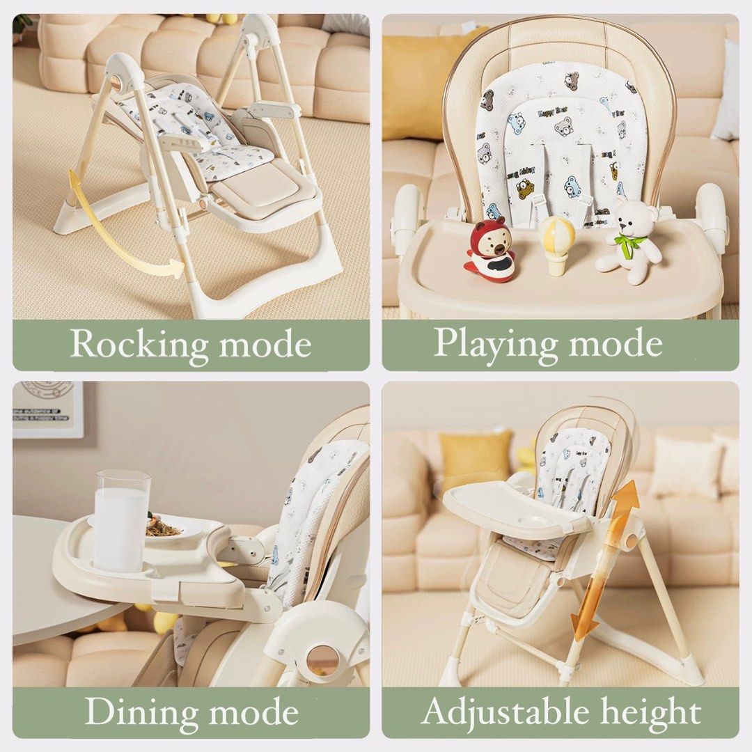 Ready Stock Baby Foldable Rocking Swinging High Chair (Category: Baby High Chairs) located in Singapore. Submitted by littlebabycottage (Listing ID 1357682004, Image 3). Description: Brand new Colour: White/Blue Grey * Pu cushion * Foldable * 5 points seat belt * Double food tray (Easy to cleaning) * 5 adjustable height * 3 adjustable food tray distance Convenient Baby High Chair. The high chair features 2 convertible seat heights, 3-setting foot