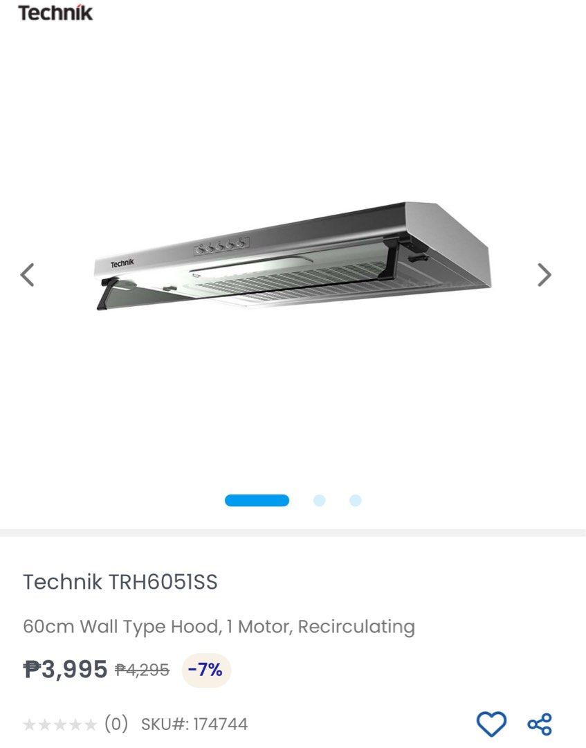 Technik by Technogas Range Hood (Category: Hobs & Hoods) located in Manila. Submitted by solswardrobe (Listing ID 1357609708, Image 2). Description: 60cm Traditional Slim Wall Type Range Hood Single Motor Extraction Capacity: 300 m%/hr Stainless Steel Type A -2 Flat Prong Plug Recirculating 280 Watts 0.5 Amperes.