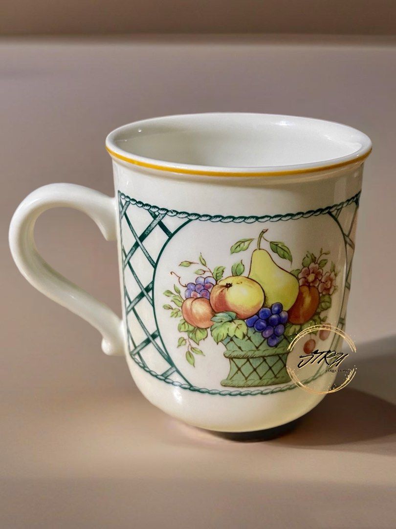 Villeroy & Boch “Basket Pattern” Mug (Category: Coffee & Tea Tableware) located in Marikina City. Submitted by jtrncollections (Listing ID 1357662866, Image 3). Description: Villeroy & Boch “Basket” Mug Produced from 1983 to 2007. Pattern: Basket by Villeroy & Boch Status: Discontinued. Actual: 1983 - 2007 Basket by Villeroy & Boch is a striking dinnerware pattern featuring a charming fruit basket design accented by a graceful green and white lat