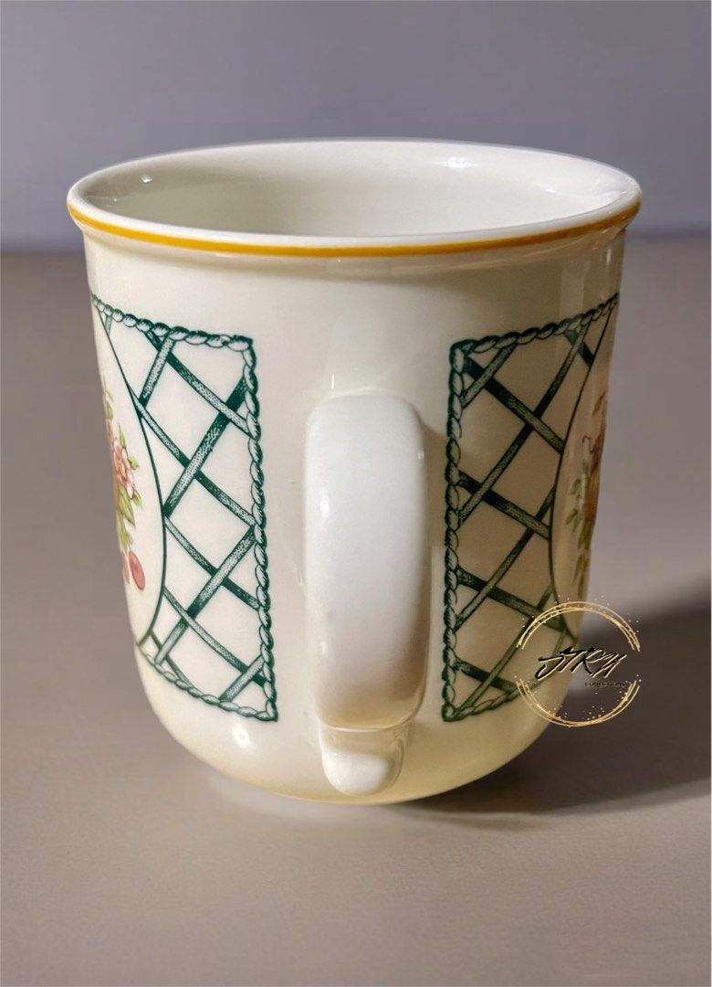 Villeroy & Boch “Basket Pattern” Mug (Category: Coffee & Tea Tableware) located in Marikina City. Submitted by jtrncollections (Listing ID 1357662866, Image 2). Description: Villeroy & Boch “Basket” Mug Produced from 1983 to 2007. Pattern: Basket by Villeroy & Boch Status: Discontinued. Actual: 1983 - 2007 Basket by Villeroy & Boch is a striking dinnerware pattern featuring a charming fruit basket design accented by a graceful green and white lat