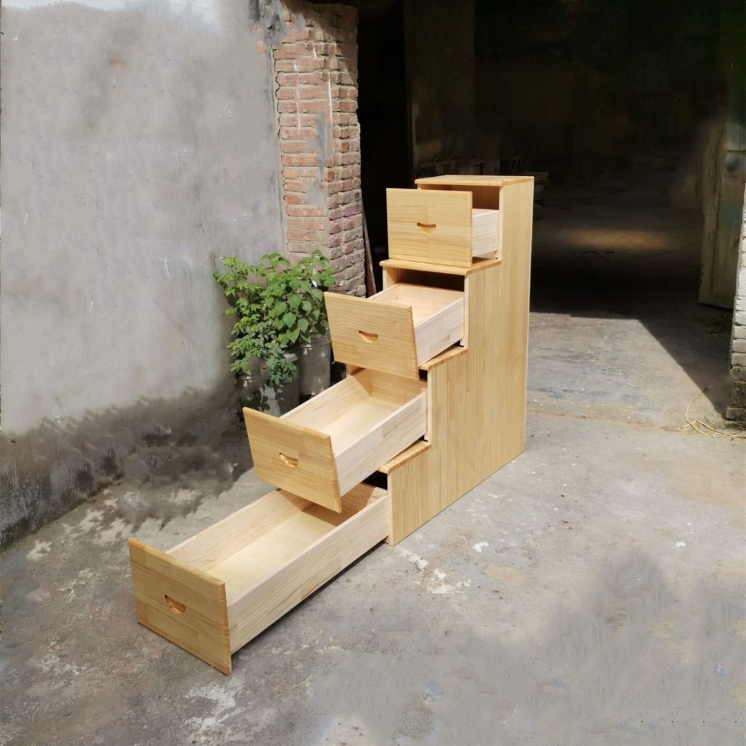 A&1604 Solid Wood Ladder Cabinet of Drawers Elevated Bed Side Front ...