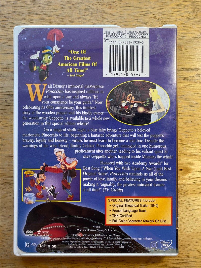 Original DVD | Pinocchio GOLD COLLECTION (Category: CDs & DVDs) located in Bacoor. Submitted by raredeals (Listing ID 1357825075, Image 2). Description: Flaw: case has a cracked, check mast photo.