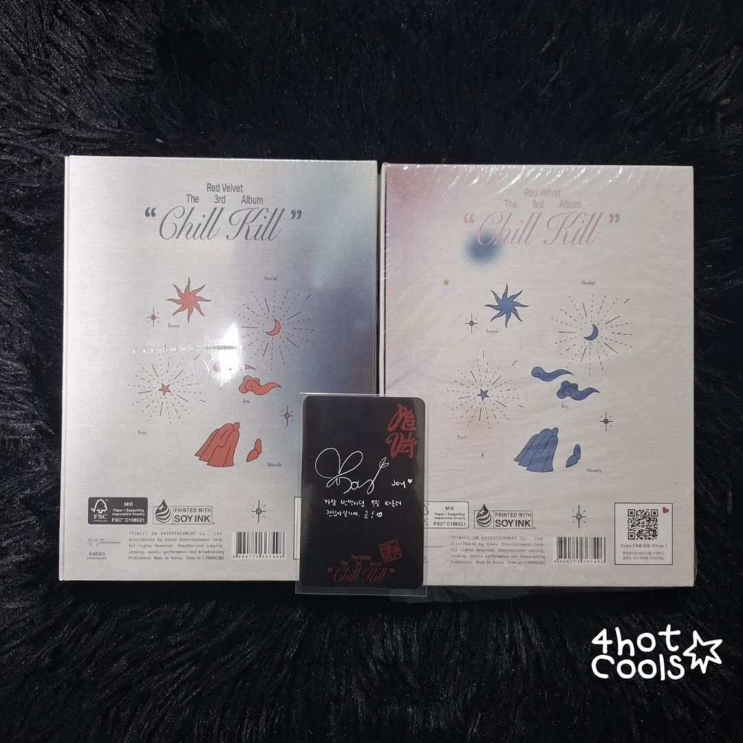 Red Velvet 'Chill Kill' Seulgi & Yeri Package Version Set (Category: K-Wave Merchandise) located in Quezon City. Submitted by 4hotcoolz (Listing ID 1357878426, Image 2). Description: Onhand and official. Strictly selling as a set. Message for more info/photos. — 'Seulgi' version is sealed. — 'Yeri' version is unsealed but has ALL inclusions. — Joy 'Chill Kill' Photobook photocard is a freebie. For meet up, only around Eastwood, BGC, SM North Edsa