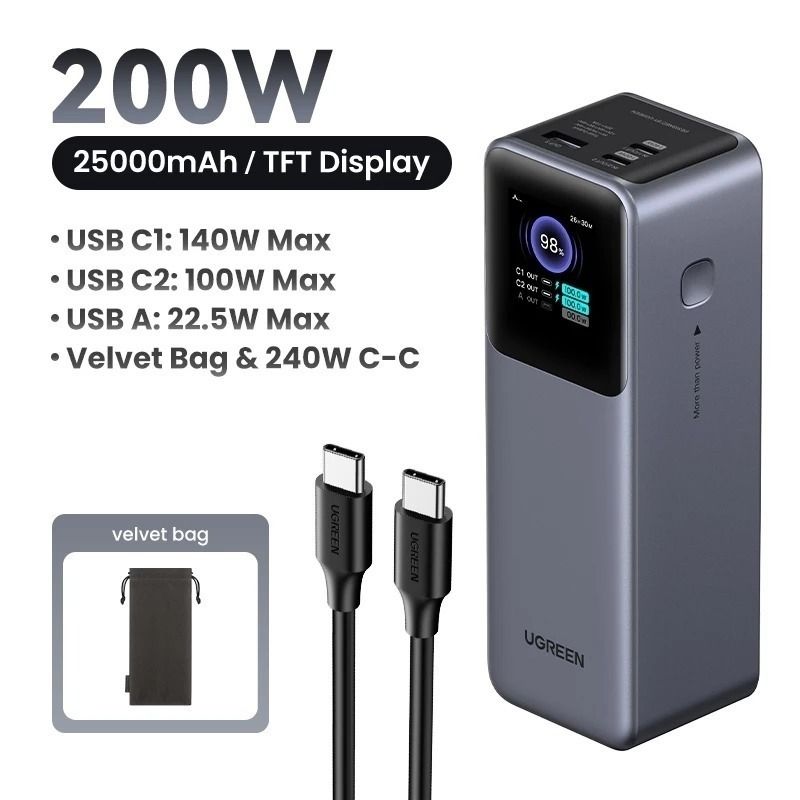 UGREEN 25000mAh Nexode PowerBank PD200W Fast Charging for Laptops Phone Tablet (Category: Power Banks & Chargers) located in Singapore. Submitted by russell_tix (Listing ID 1357784264, Image 1). Description: About【25000mAh 200W】 25000mAh Large Capacity：With a capacity of 25000mAh, it has enough power to provide emergency power for laptops during travel or to fully charge devices such as smartphones and tablets multiple times. Single Port Output: 