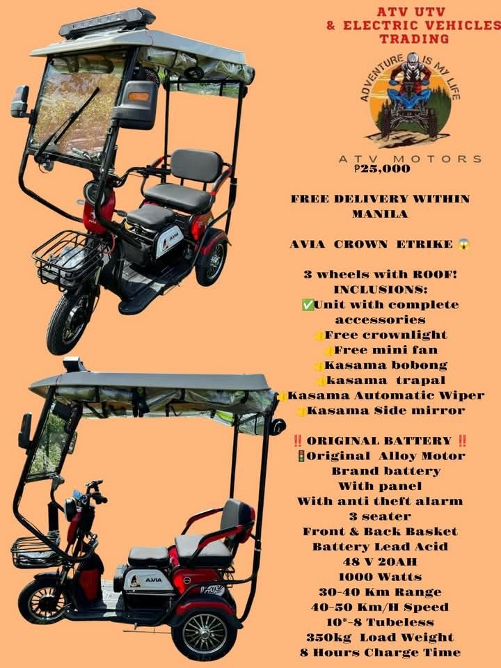 Avia brands ebike (Category: Bicycles) located in Manila. Submitted by saguittarian06 (Listing ID 1358005523, Image 2). Description: AVIA BRANDS EBIKE FOR SALE‼️‼️ AVIA AMORE 11,200 IDEAL 13,000 FREE DELIVERY AROUND MANILA AVIA MINI 3 WHEELS ₱25,000 FREE DELIVERY WITHIN MANILA AVIA BIG 3 WHEELS ₱31,000 FREE DELIVERY WITHIN MANILA AVIA BIG 3 WHEELS WITH CARIER ₱33,000 FREE DELIVERY AROUND MANILA AVIA 4 WHEELS POWER STEERING ₱58,000 FREE DELIVERY W