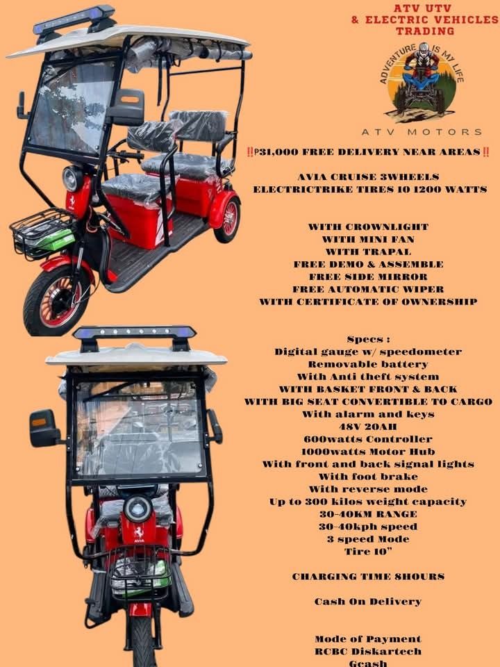 Avia brands ebike (Category: Bicycles) located in Manila. Submitted by saguittarian06 (Listing ID 1358005523, Image 3). Description: AVIA BRANDS EBIKE FOR SALE‼️‼️ AVIA AMORE 11,200 IDEAL 13,000 FREE DELIVERY AROUND MANILA AVIA MINI 3 WHEELS ₱25,000 FREE DELIVERY WITHIN MANILA AVIA BIG 3 WHEELS ₱31,000 FREE DELIVERY WITHIN MANILA AVIA BIG 3 WHEELS WITH CARIER ₱33,000 FREE DELIVERY AROUND MANILA AVIA 4 WHEELS POWER STEERING ₱58,000 FREE DELIVERY W