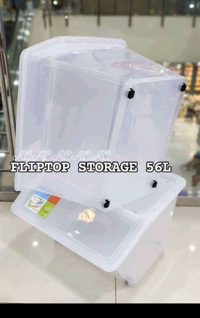 Fliptop storage box 56L (Category: Storage Boxes & Baskets) located in Caloocan City. Submitted by janeil23452 (Listing ID 1358086026, Image 1). Description: fliptop storage 56L transparent pick up/ lalamove po.